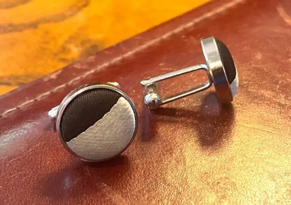 VTG Silver Tone Cufflinks with Black and White Fabric Inserts